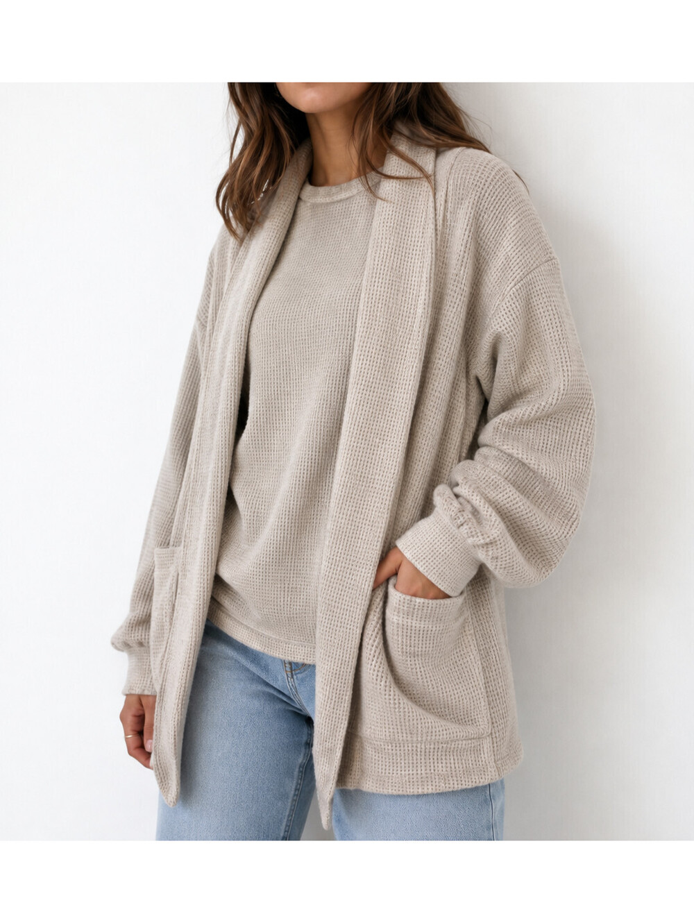 Modern Soul x Anybody Chenille Waffle Knit Oren Front Cardigan Oatmeal, X-Small